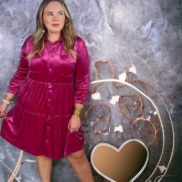 💖Rose Red Plus Size Velvet Long Sleeve Button Up Tiered Dress💖 - Picture 2 of 3
